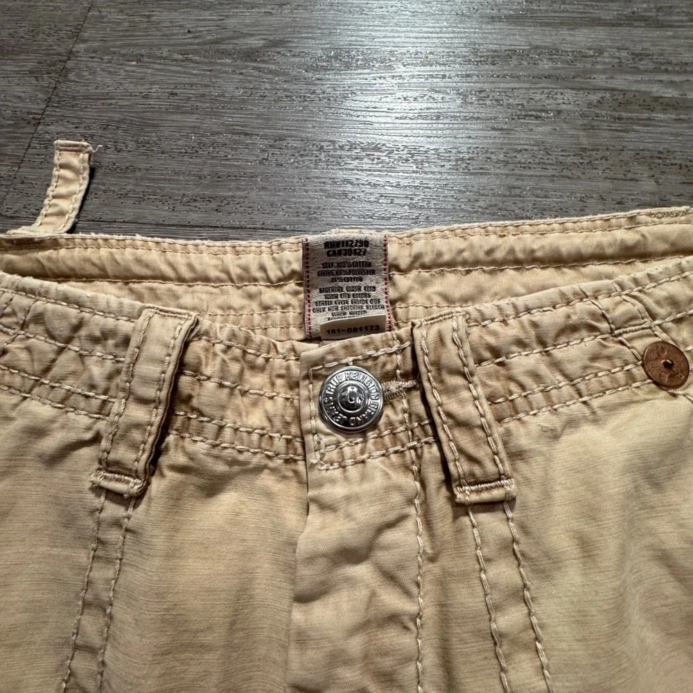 True Religion Cargo Shorts Mens 34 Cotton Big T Stitch Khaki Relaxed Y2K 36x12